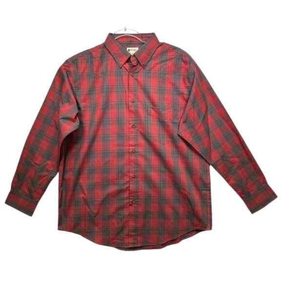Haggar Red & Gray Plaid Button-Down Long Sleeve Shirt Mens Medium Cotton Blend - Picture 1 of 6
